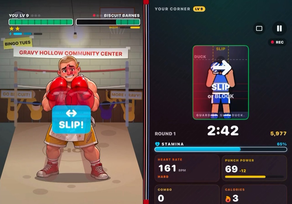 Side rail showing live heart rate in the Hard zone, punch power, combo count and calories